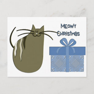 Meowy Christmas Graue Katze mit blauem Geschenk Feiertagspostkarte
