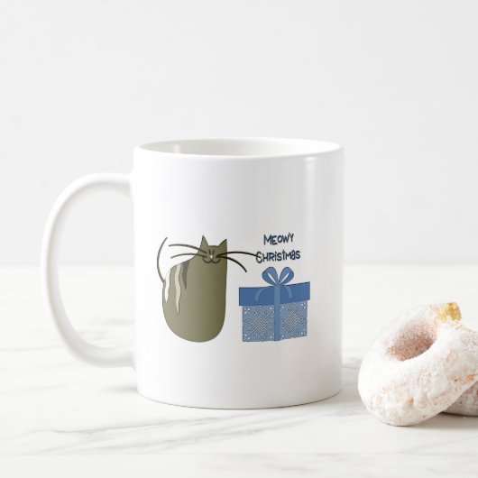 Meowy Christmas Graue Katze mit blauem Geschenk Kaffeetasse (Mit Donut)