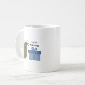 Meowy Christmas Graue Katze mit blauem Geschenk Kaffeetasse (Vorderseite Links)