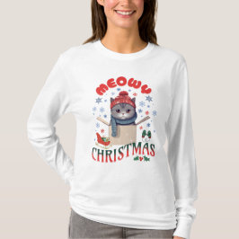 Meowy Christmas Grumpy Gray Cat T-Shirt