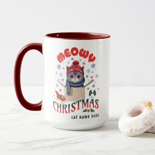 Meowy Christmas Grumpy Gray Cat Tasse (Mit Donut)