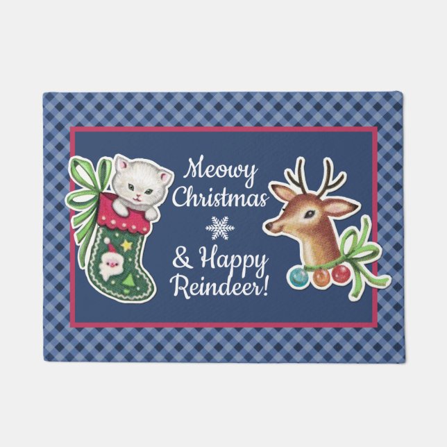Meowy Christmas Happy Rentier Door Mat blau Fußmatte (Vorderseite)