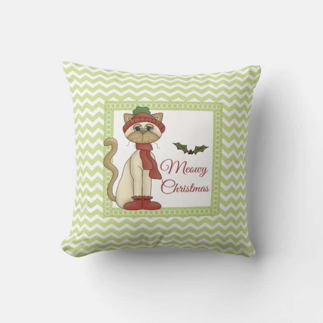 Meowy Christmas Kitty mit grünem Zickzack Hintergr Kissen (Vorderseite)