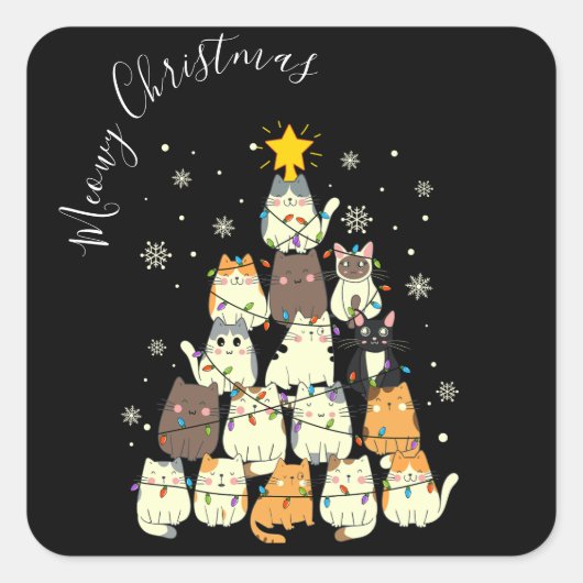 Meowy Christmas Merry Cat Tree Quadratischer Aufkleber (Vorderseite)