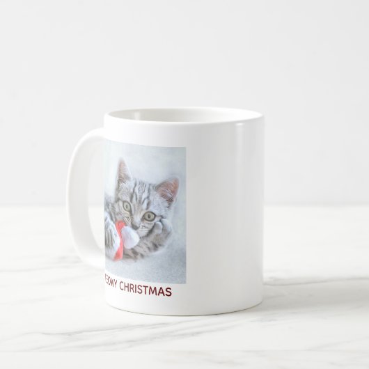 Meowy Christmas Niedlich Gray Tabby Cat Kaffeetasse (Vorderseite Links)