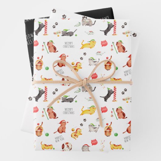Meowy Christmas | Niedlicher Cat Pattern Urlaub Geschenkpapier Set (Beispiel)