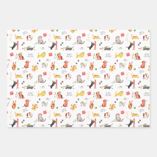 Meowy Christmas | Niedlicher Cat Pattern Urlaub Geschenkpapier Set (Vorderseite)