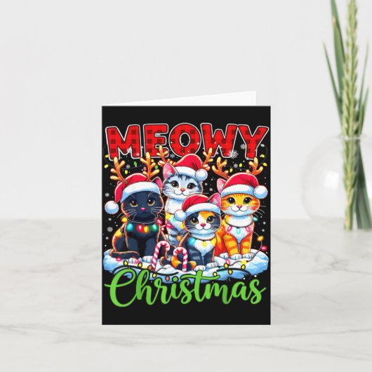 Meowy Christmas Reindeer Xmas Lights Santa Cat Karte (Vorderseite)
