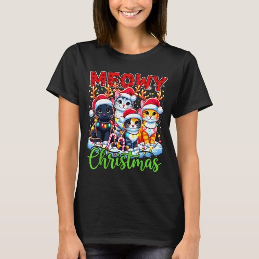 Meowy Christmas Reindeer Xmas Lights Santa Cat T-Shirt (Vorderseite)