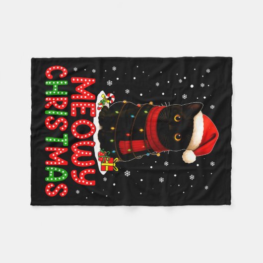 Meowy Christmas Santa Hat Funny Black Cat Men Wome Fleecedecke (Vorderseite (Horizontal))