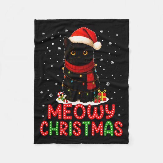 Meowy Christmas Santa Hat Funny Black Cat Men Wome Fleecedecke (Vorderseite)