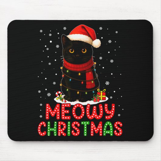 Meowy Christmas Santa Hat Funny Black Cat Men Wome Mousepad (Vorne)