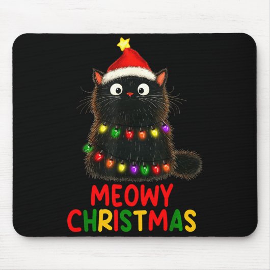 Meowy Christmas Tree Lights Black Cat Xmas Pajamas Mousepad (Vorne)