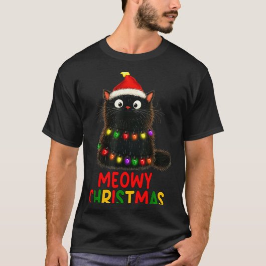 Meowy Christmas Tree Lights Black Cat Xmas Pajamas T-Shirt (Vorderseite)