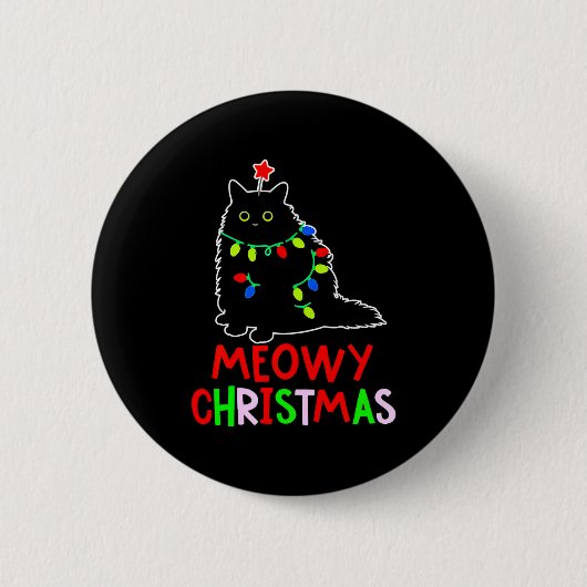 Meowy Christmas Xmas Lights Black Cat Pajamas Button (Vorderseite)