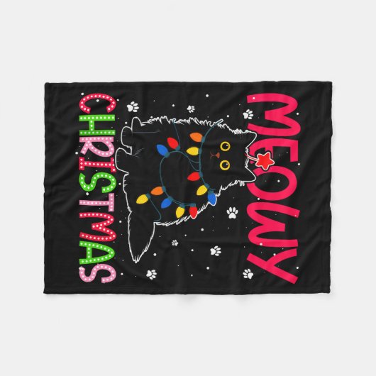 Meowy Christmas Xmas Lights Black Cat Pajamas Fami Fleecedecke (Vorderseite (Horizontal))
