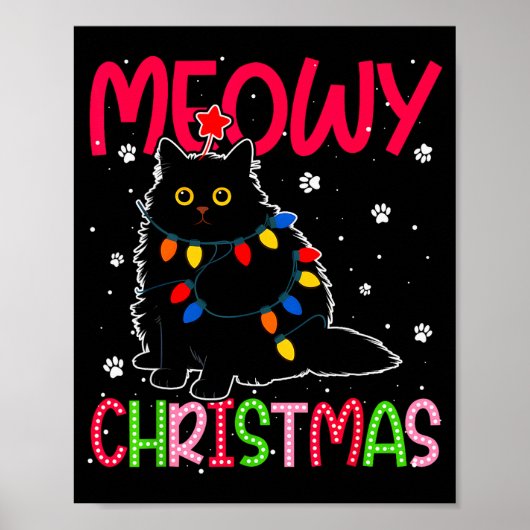 Meowy Christmas Xmas Lights Black Cat Pajamas Fami Poster (Vorne)