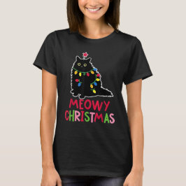Meowy Christmas Xmas Lights Black Cat Pajamas Fami T-Shirt