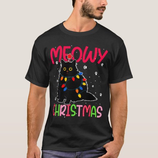 Meowy Christmas Xmas Lights Black Cat Pajamas Fami T-Shirt (Vorderseite)