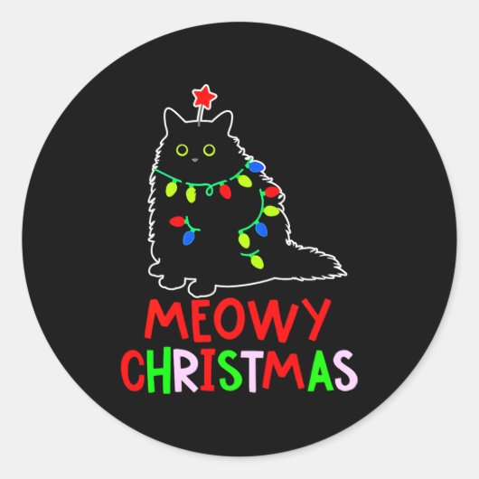 Meowy Christmas Xmas Lights Black Cat Pajamas  Runder Aufkleber (Vorderseite)