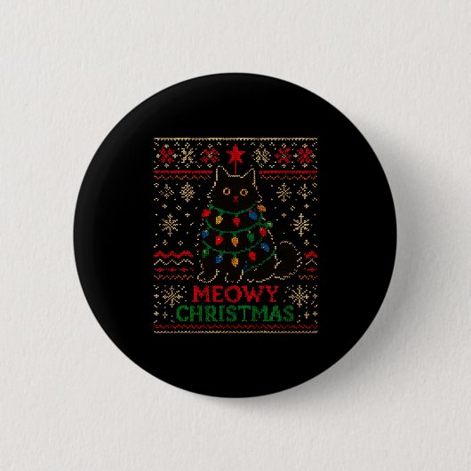 Meowy Christmas Xmas Lights Cat Ugly Sweater Pajam Button (Vorderseite)