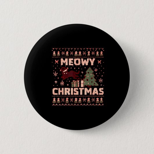 Meowy Christmas Xmas Tree Cat Ugly Sweater Pajamas Button (Vorderseite)
