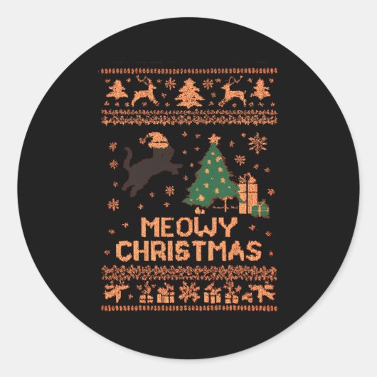 Meowy Christmas Xmas Tree Cat Ugly Sweater Pajamas Runder Aufkleber (Vorderseite)