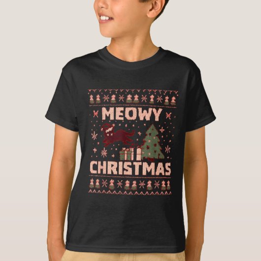Meowy Christmas Xmas Tree Cat Ugly Sweater Pajamas T-Shirt (Vorderseite)