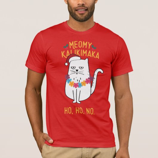 Meowy Kalikimaka Funny Cat Weihnachtsmannmütze Wei T-Shirt (Vorderseite)