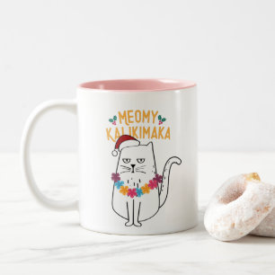 Meowy Kalikimaka Funny Cat Weihnachtsmannmütze Wei Zweifarbige Tasse