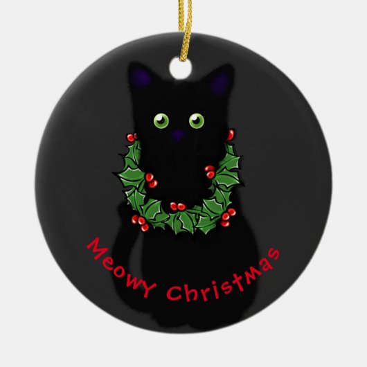 Meowy Katze Weihnachtsgrün Heilige Kranz Keramik Ornament (Vorne)