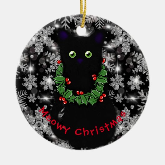 Meowy Katze Weihnachtsgrün Heiliger Kranz Keramik Ornament (Vorne)