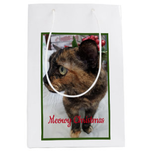 Meowy Weihnachten Katze Foto und Fraktal Schneeflo Mittlere Geschenktüte