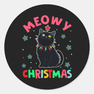 Meowy Weihnachten Weihnachten Lichter Black Cat Pa Runder Aufkleber