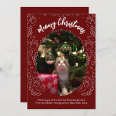 Meowy Weihnachts Cat Pet Weihnachtskarte Dunkelrot Einladung (Vorne/Hinten)