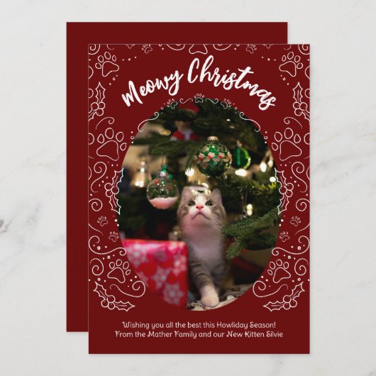 Meowy Weihnachts Cat Pet Weihnachtskarte Dunkelrot Einladung (Vorne/Hinten)