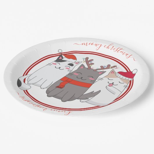 Meowy Weihnachtsferien Katzen Pappteller (Schrägansicht)