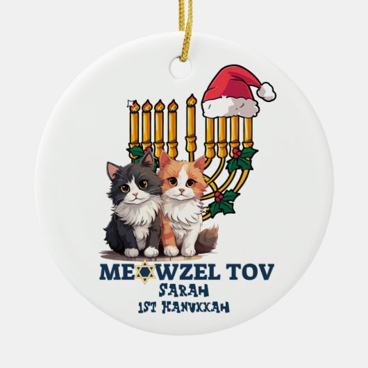 Meowzel Tov Niedlich Happy Hanukkah Keramik Ornament (Vorne)