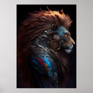 Mer-Lion - Blue Fins Feathers Weirdcore SteamPunk Poster