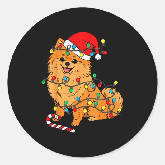 Meranian Dog Christmas Lights Santa Xmas Pet Dog L Runder Aufkleber (Vorderseite)