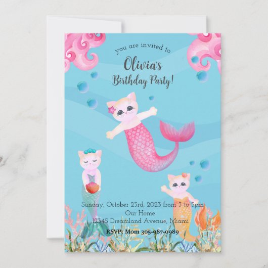 Mercat Mermaid Cat Birthday Party Einladung (Vorderseite)