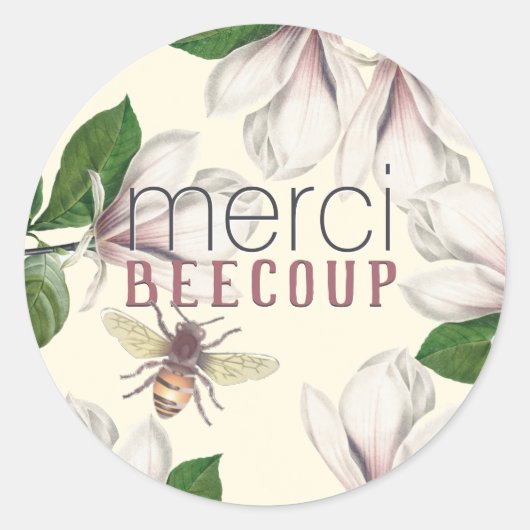 Merci Beecoup Danke Magnolia und Bee on Ivory Runder Aufkleber (Vorderseite)