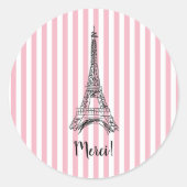 Merci Eiffel Tower Paris Pink Stripe Runder Aufkleber (Vorderseite)