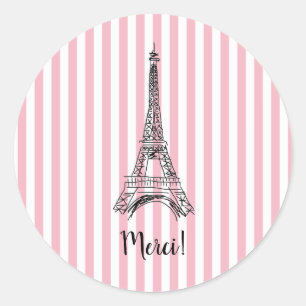 Merci Eiffel Tower Paris Pink Stripe Runder Aufkleber