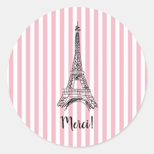 Merci Eiffel Tower Paris Pink Stripe Runder Aufkleber (Vorderseite)