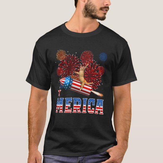 Merica 4th of July Cat Riding Firework Rocket Patr T-Shirt (Vorderseite)