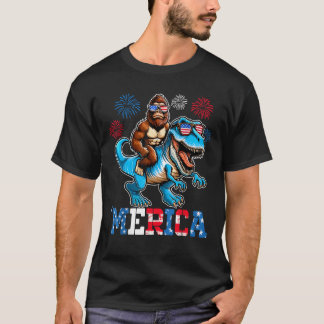 Merica Bigfoot T Rex Firework USA Flag Sasquatch 4 T-Shirt