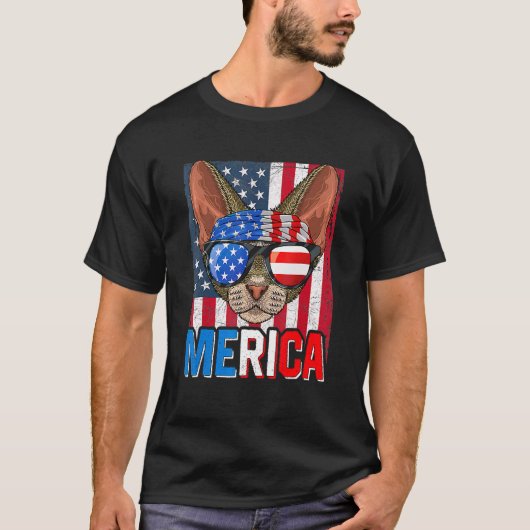 Merica Devon Rex Katze 4. Juli Amerikanische Flag T-Shirt (Vorderseite)