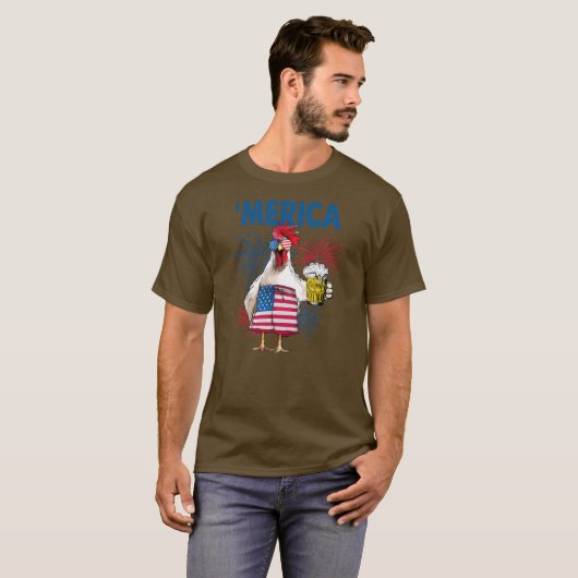 Merica Funny Chicken mit Bier USA Flag 4. T-Shirt (Vorne ganz)