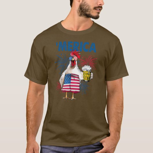 Merica Funny Chicken mit Bier USA Flag 4. T-Shirt (Vorderseite)
